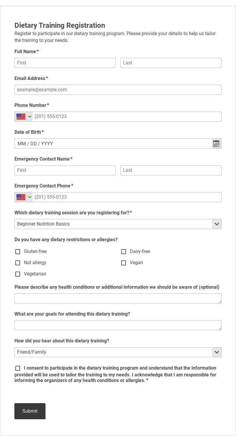 Dietary Training Registration Template form template