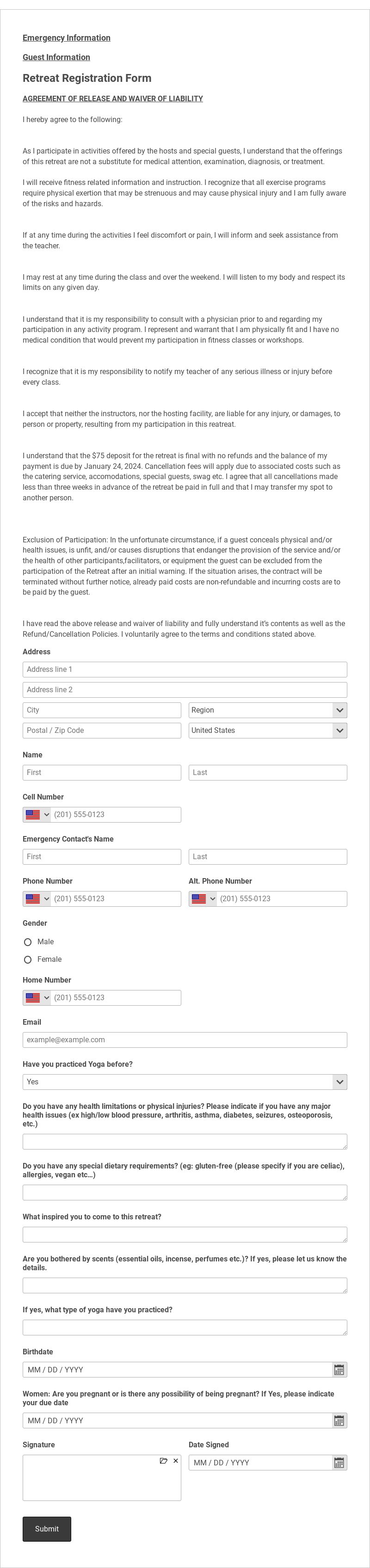Retreat Registration Form Template form template