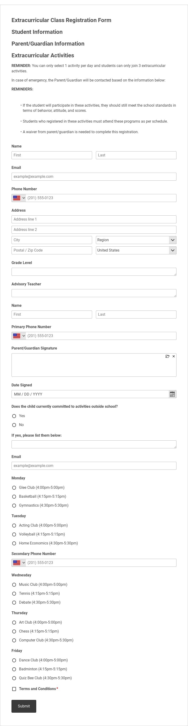 Extracurricular Class Registration Form Template form template