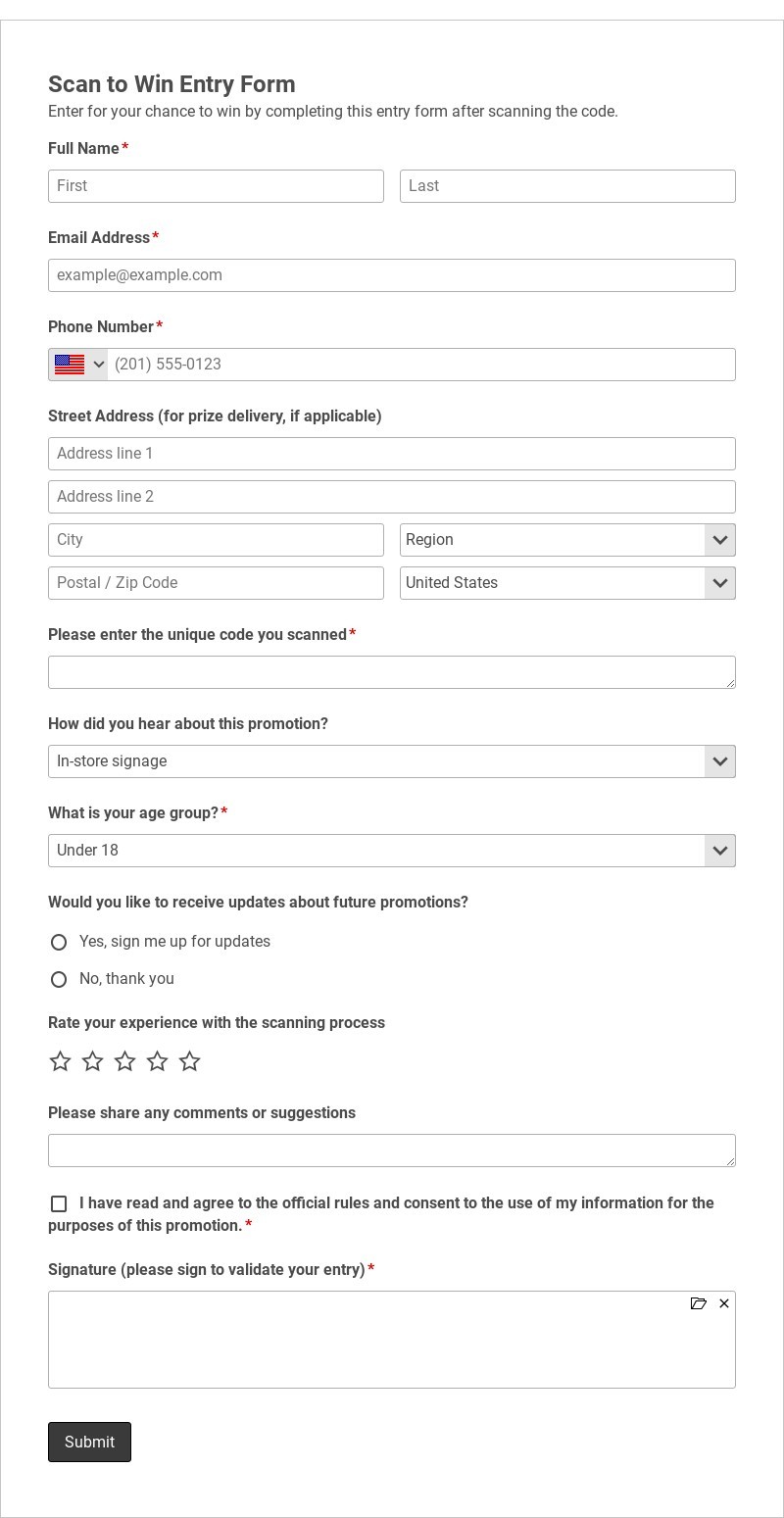 Scan to Win Entry Form Template form template