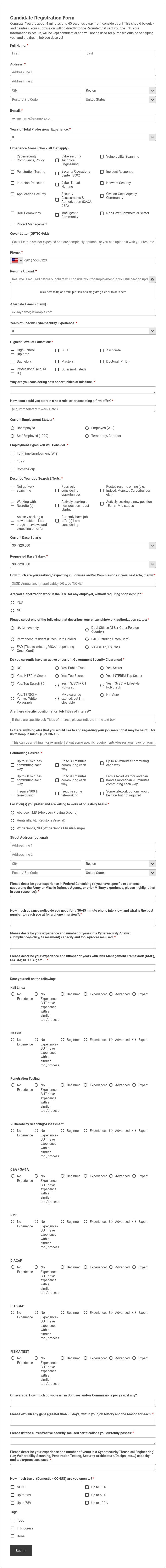 Cybersecurity Specialist Candidate Registration Form Template form template