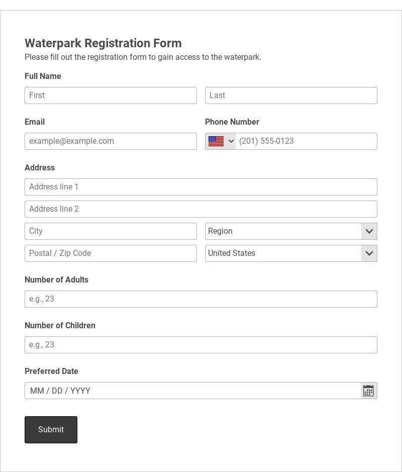 Waterpark Registration Form Template