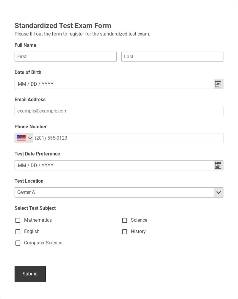 Standardized Test Exam Form Template form template