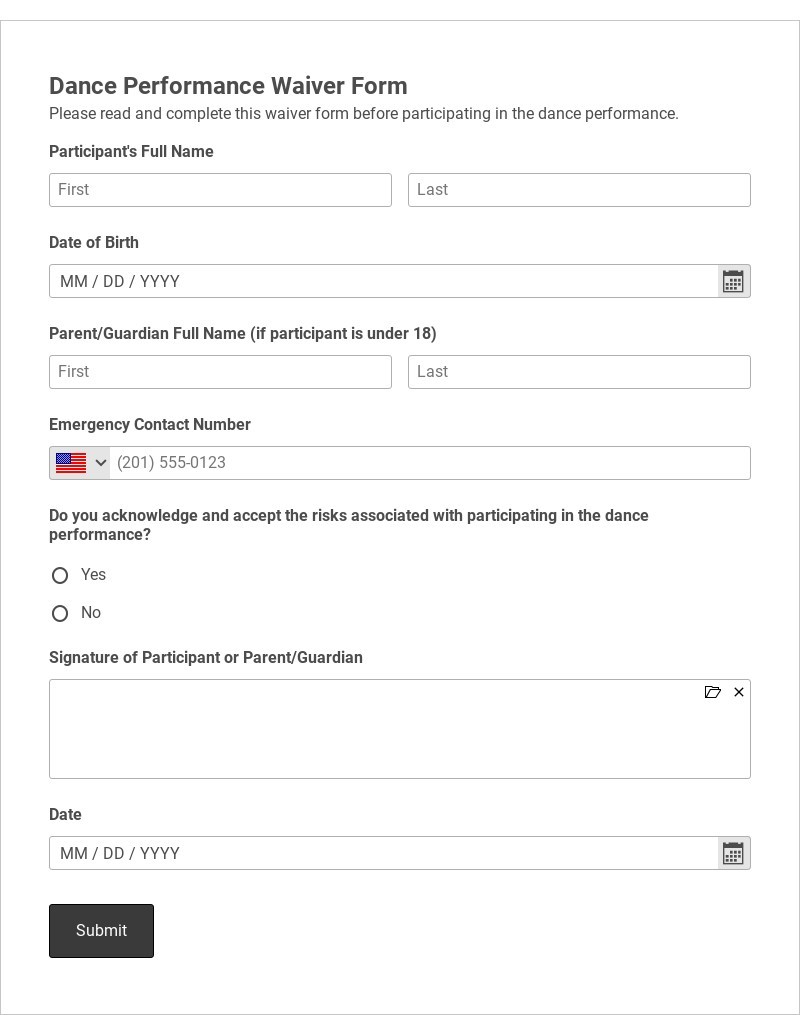 Dance Performance Waiver Form Template form template