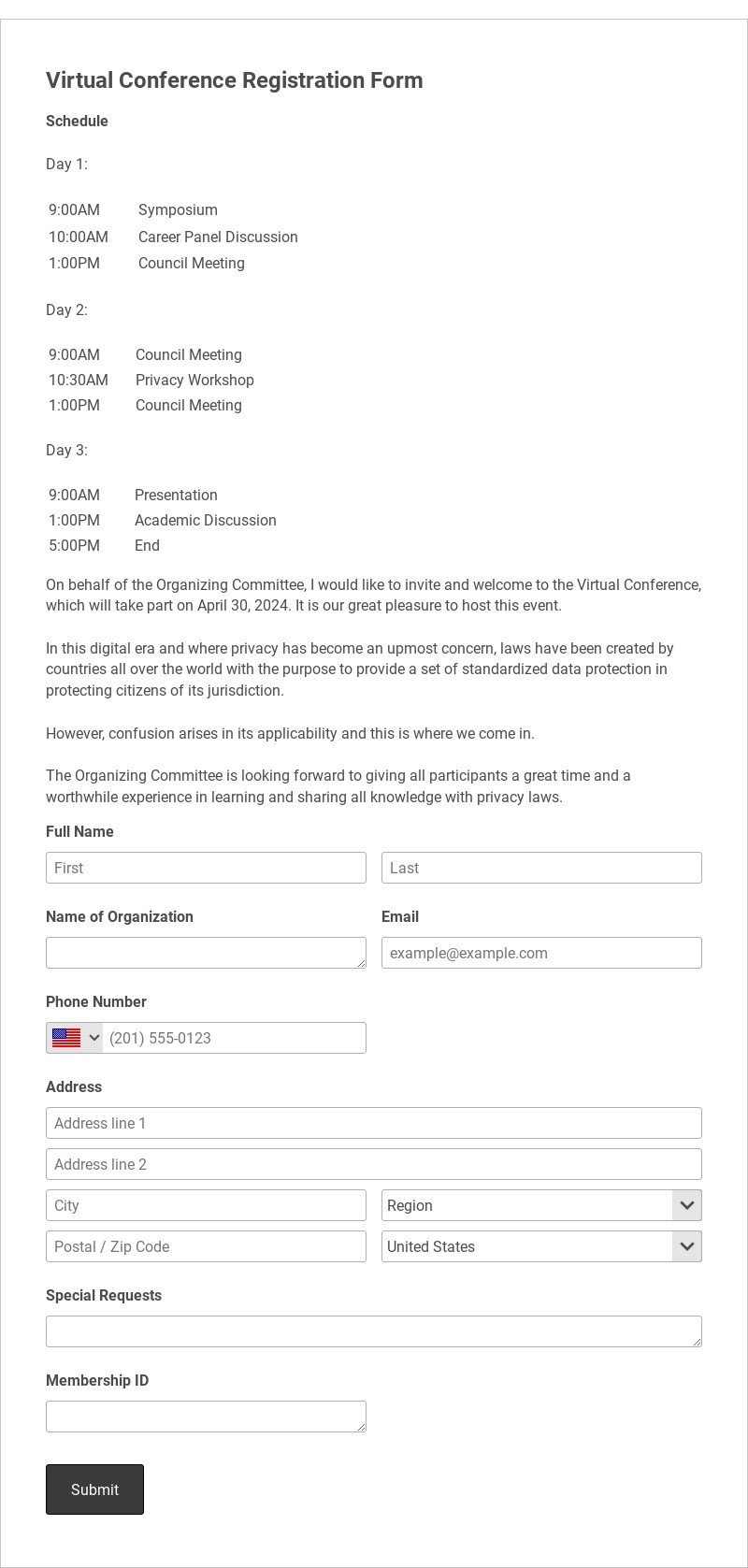 Virtual Conference Registration Form Template form template