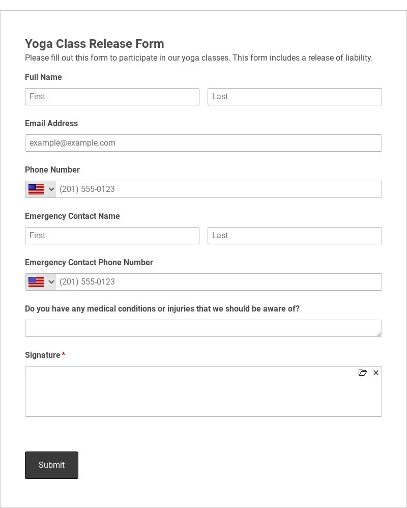 Yoga Class Release Form Template form template