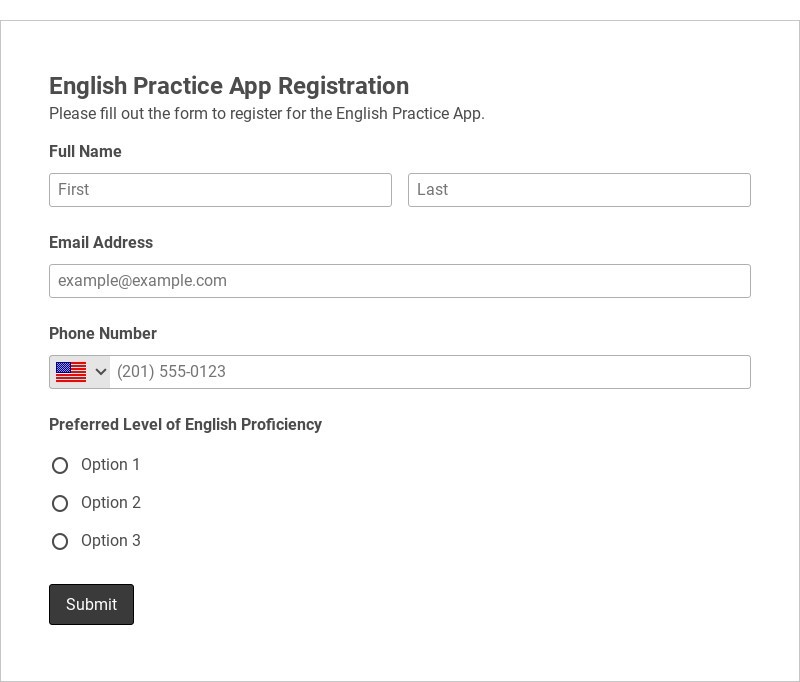 English Practice App Registration Template form template