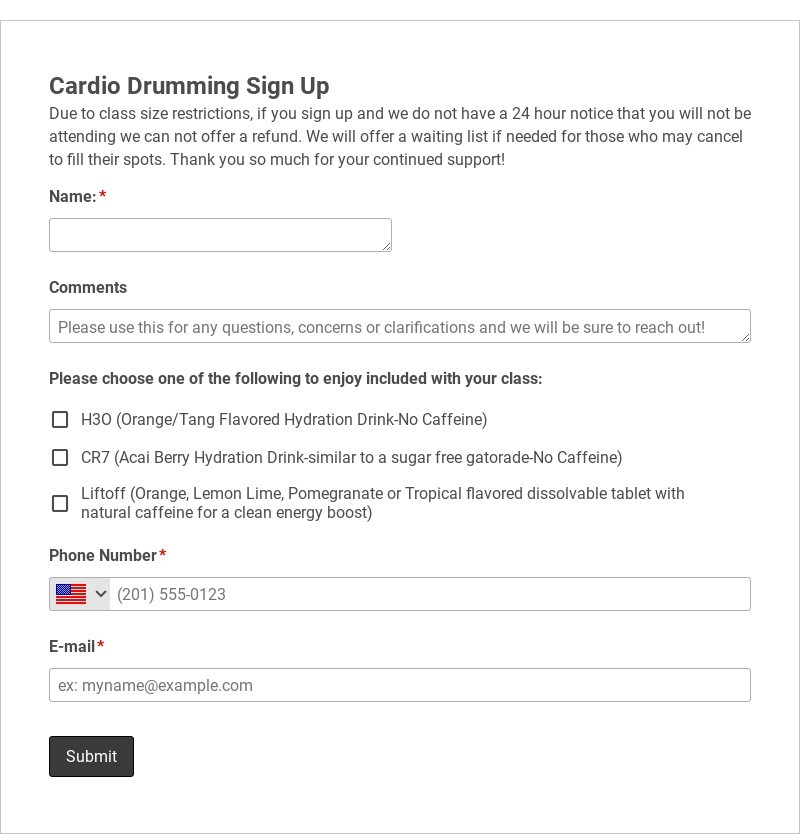 Cardio Drumming Class Sign-Up Form Template form template