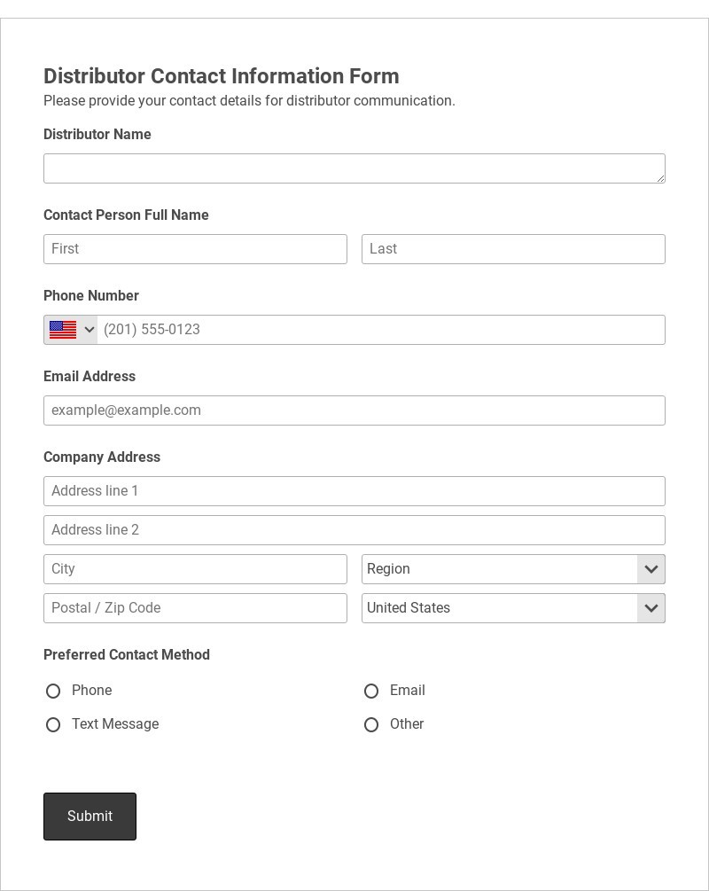 Distributor Contact Information Form Template form template