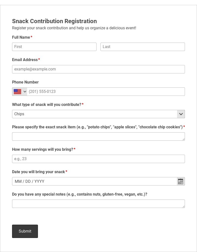 Snack Contribution Registration Template form template