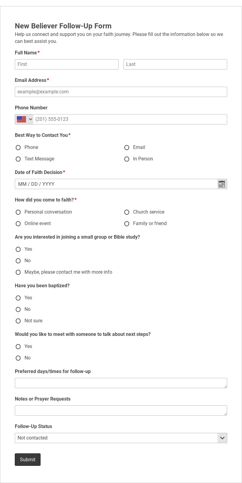 New Believer Follow-Up Form Template form template