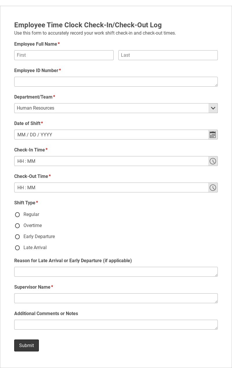 Employee Time Clock Check-In/Check-Out Log