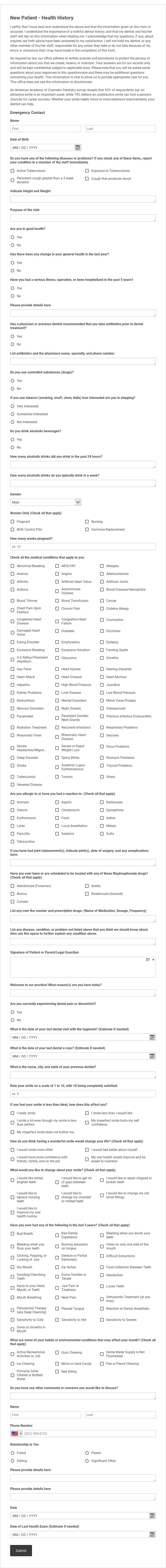 Dental Health History Form Template form template