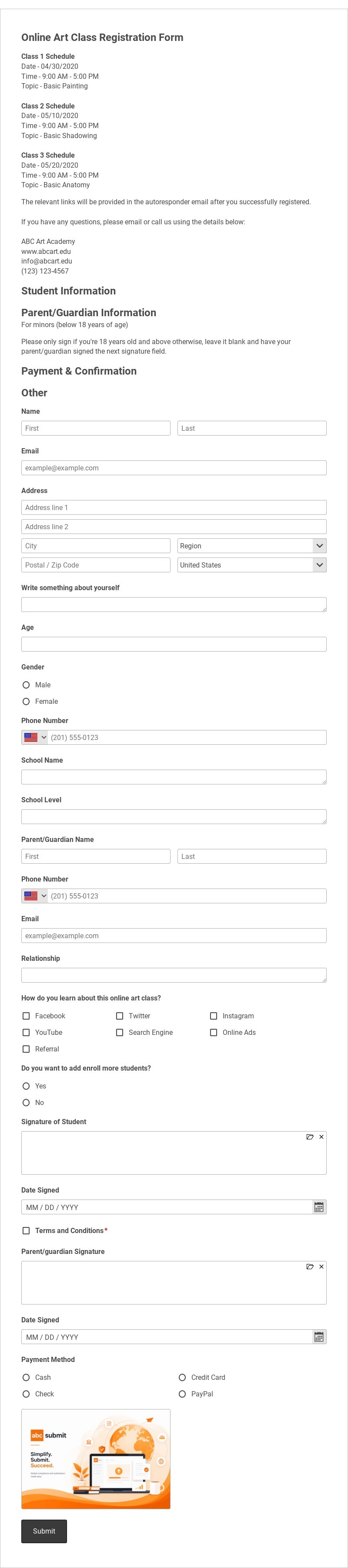Online Art Class Registration Form Template form template