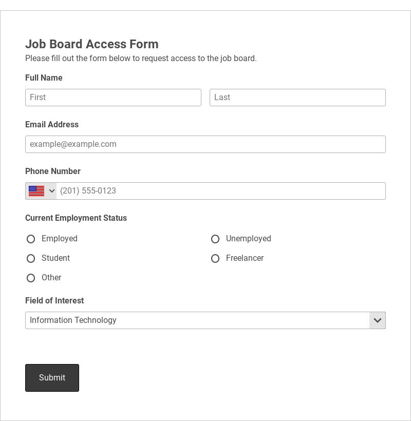 Job Board Access Form Template form template