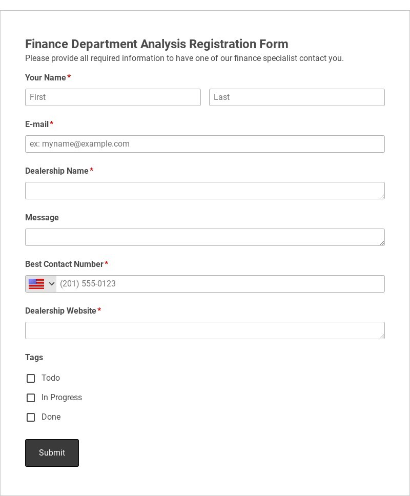 Finance Department Analysis Registration Form Template