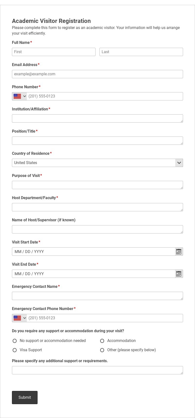 Academic Visitor Registration Template form template