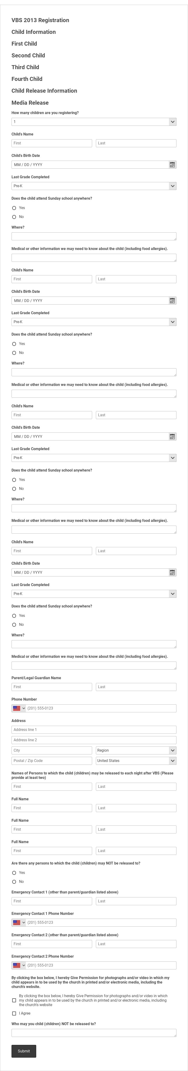 Church's Children Registration Template form template