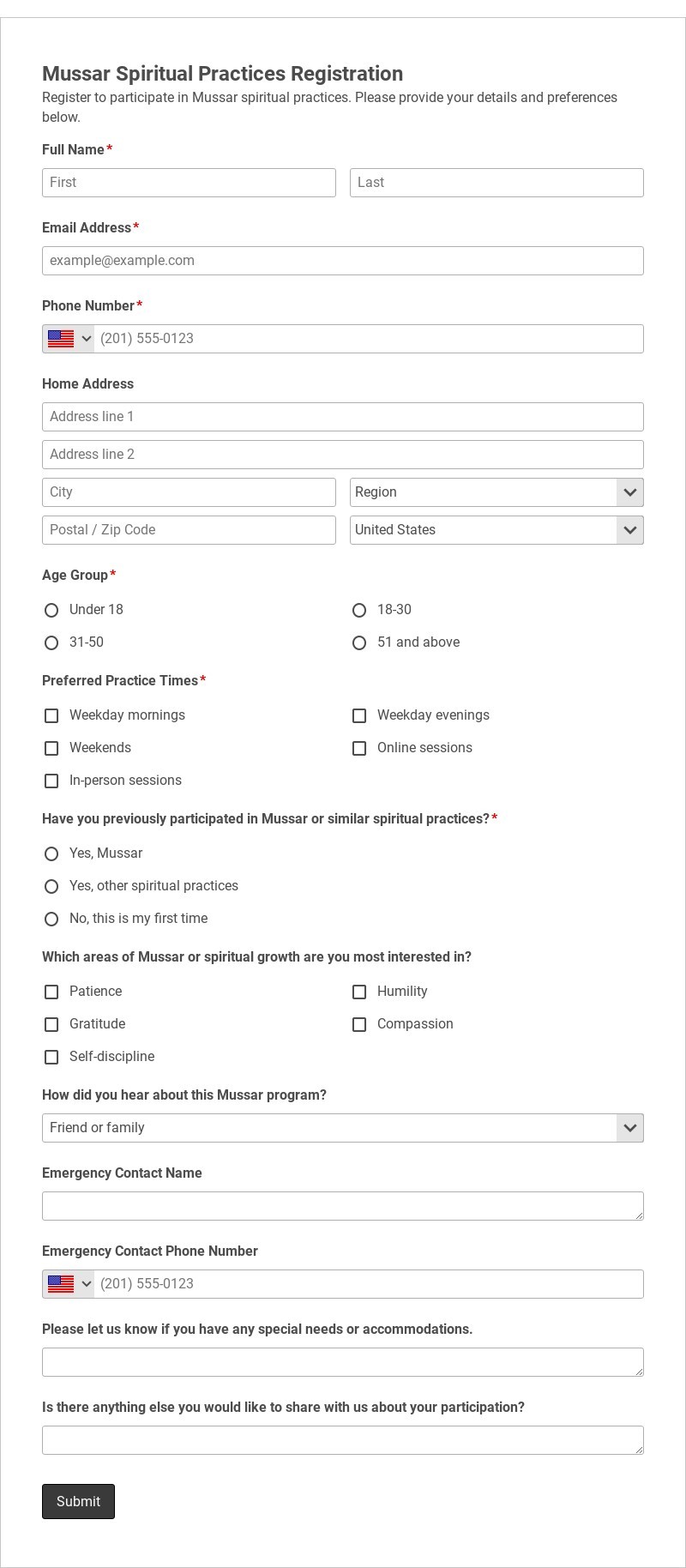 Mussar Spiritual Practices Registration Template form template