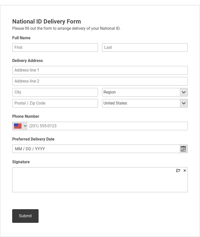 National ID Delivery Form Template form template