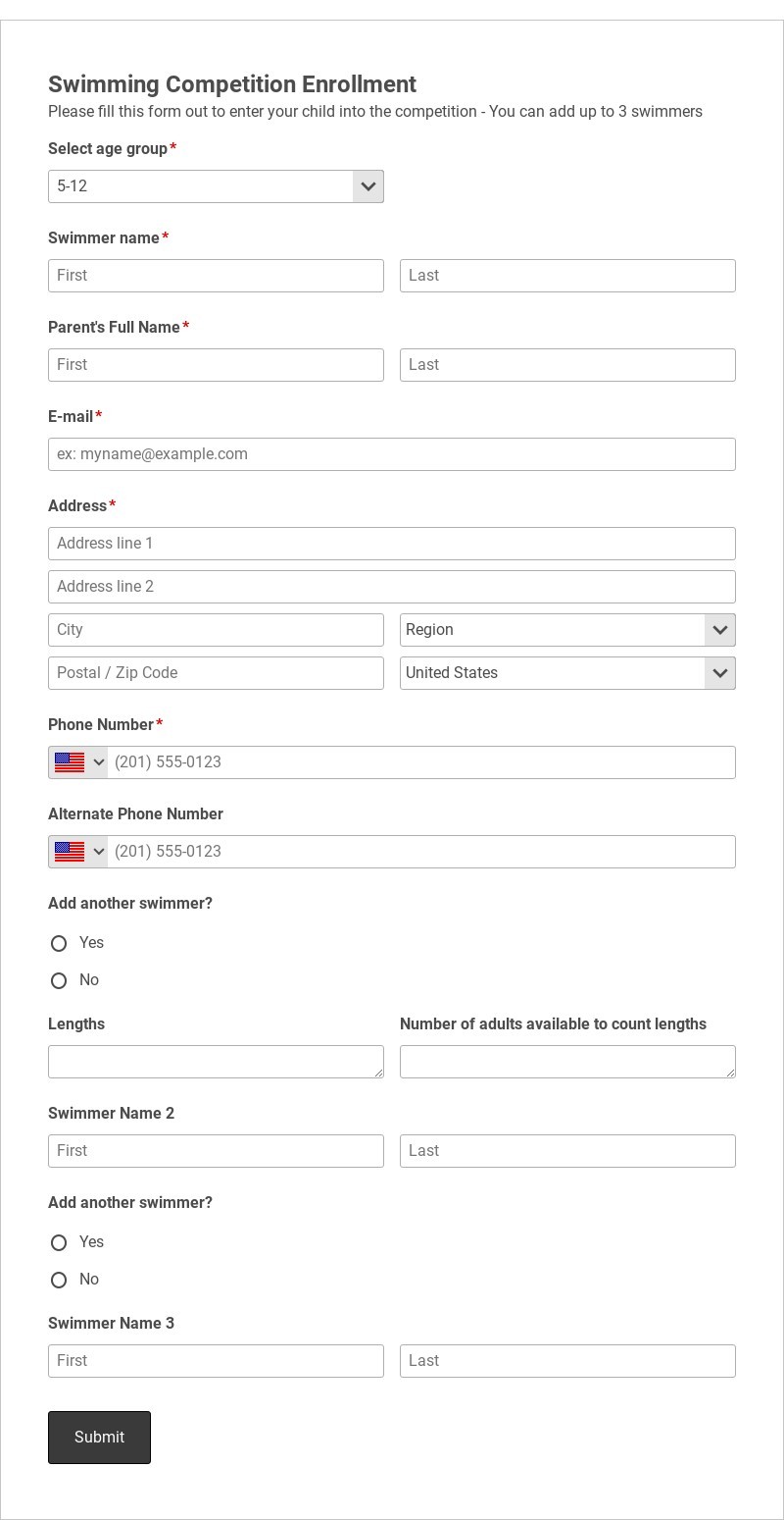 Swimming Competition enrollment Template form template