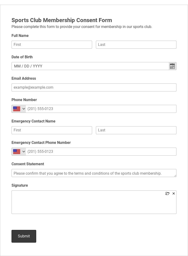 Sports Club Membership Consent Form Template form template