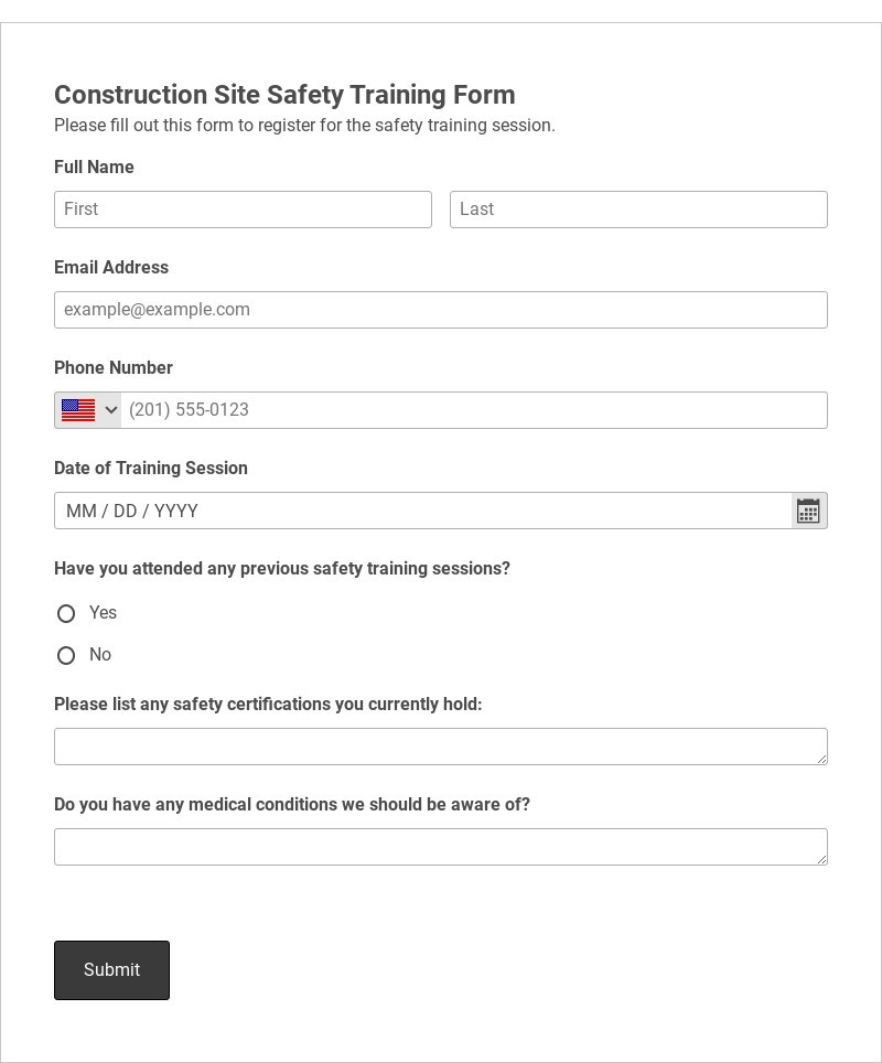 Construction Site Safety Training Form Template form template