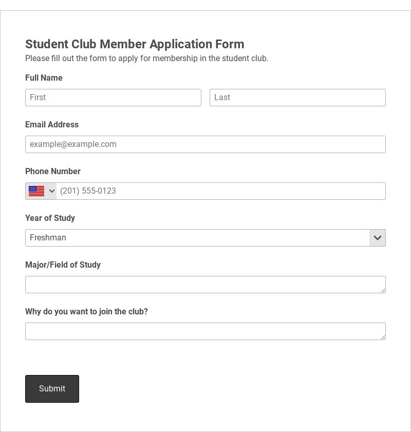 Student Club Member Application Form Template form template