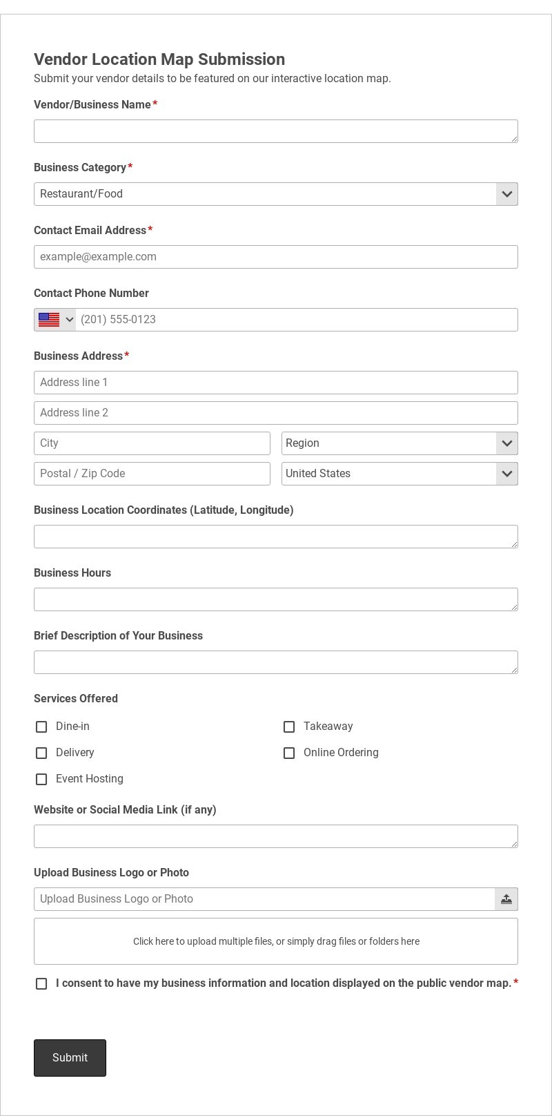 Vendor Location Map Submission Template form template