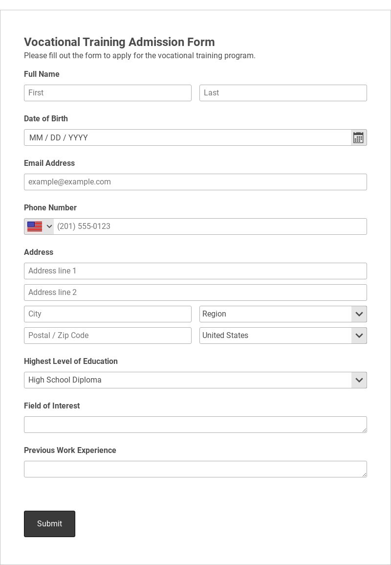 Vocational Training Admission Form Template form template
