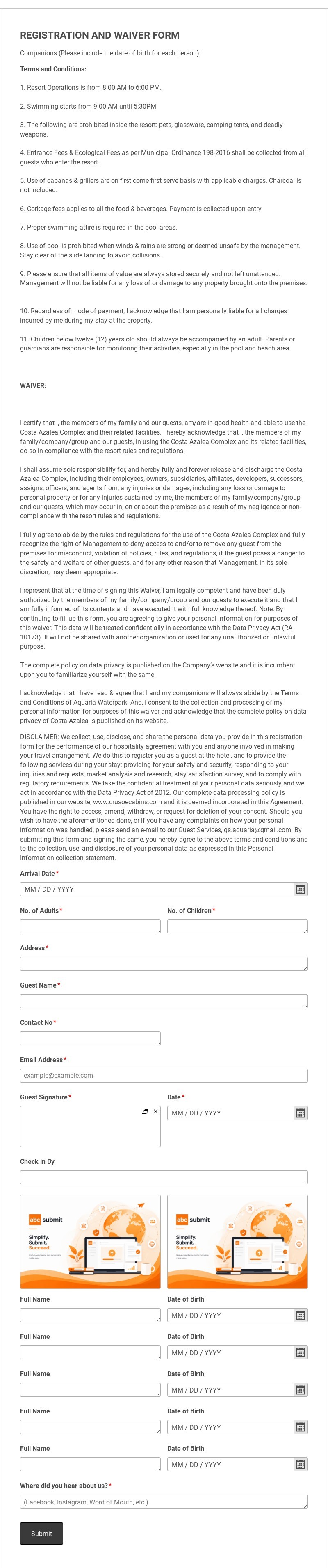 Aqua Registration and Waiver Form Template form template