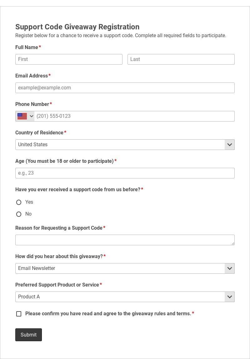 Support Code Giveaway Registration Template form template