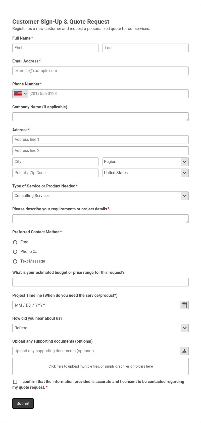 Customer Sign-Up & Quote Request Template form template