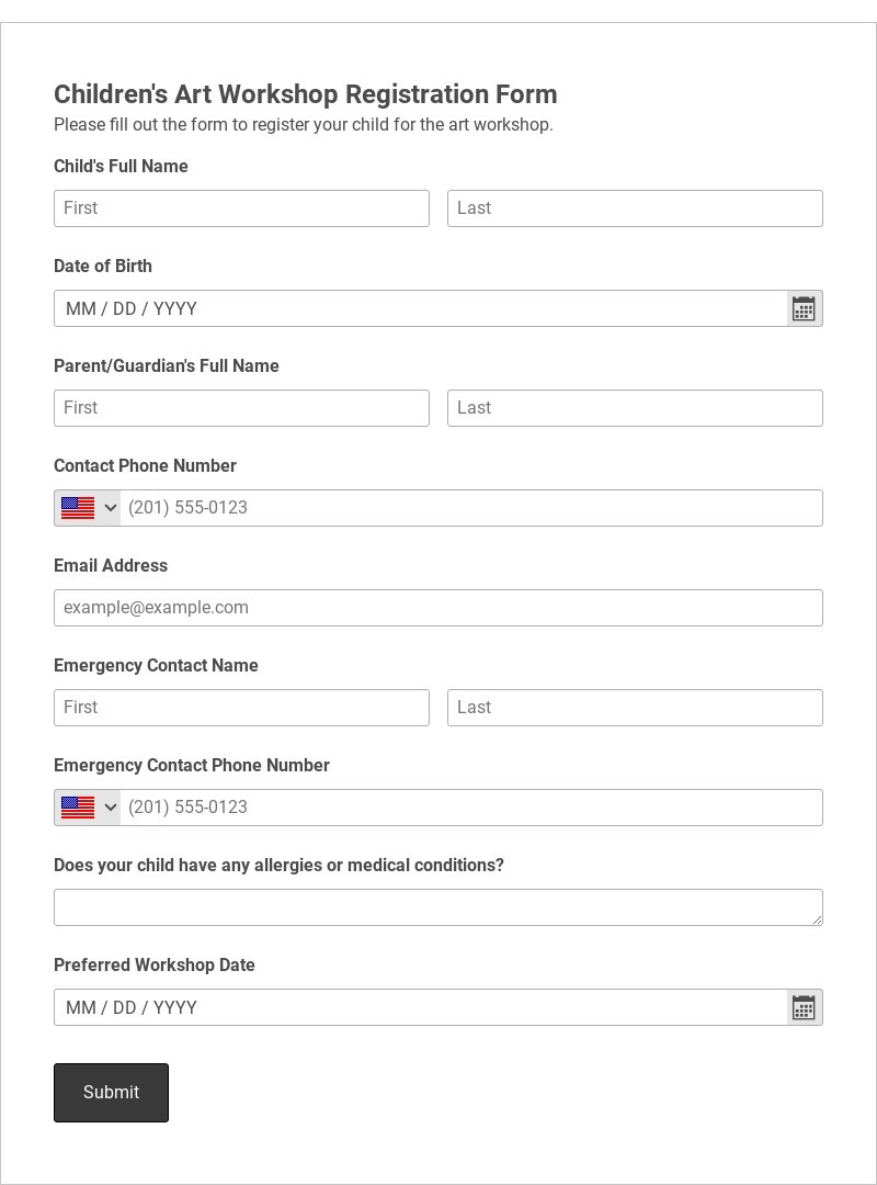 Children's Art Workshop Registration Form Template