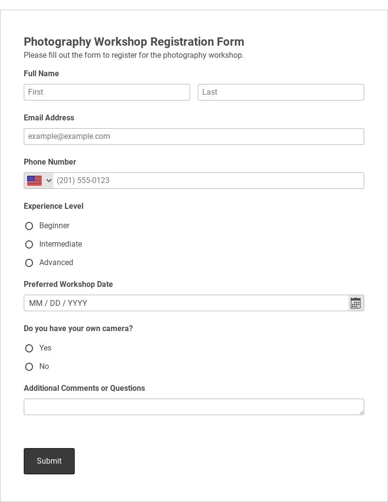 Photography Workshop Registration Form Template form template