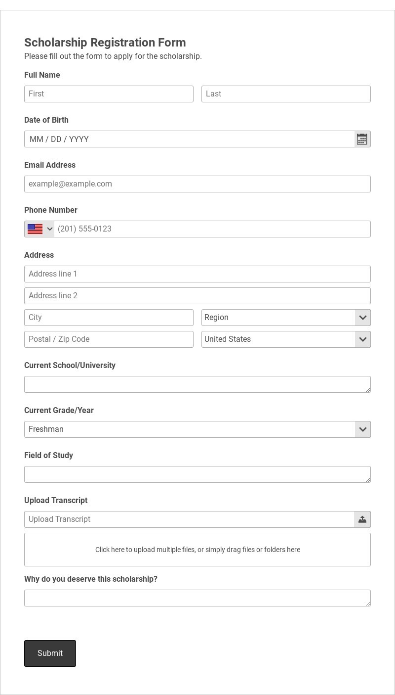 Scholarship Registration Form Template form template