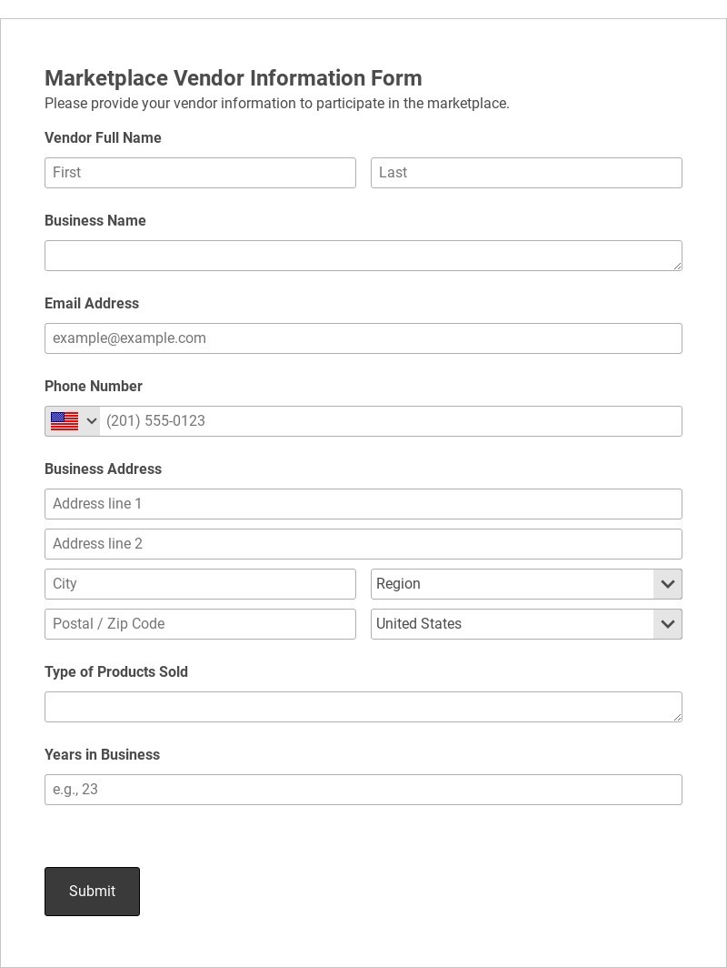 Marketplace Vendor Information Form Template form template