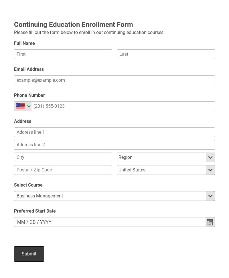 Continuing Education Enrollment Form Template form template