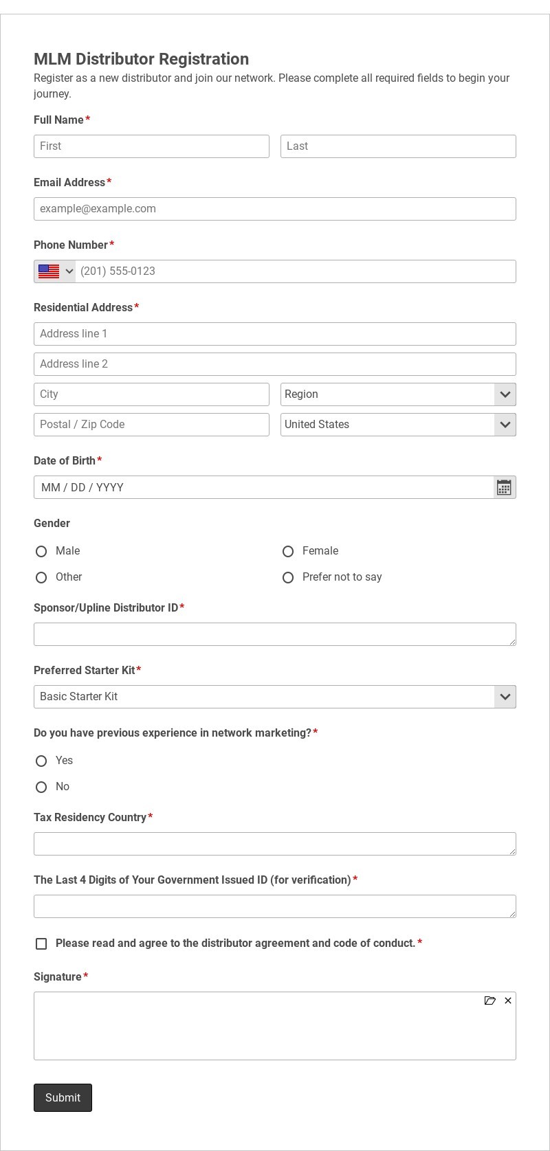 MLM Distributor Registration Template form template