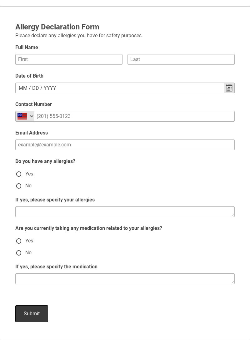 Allergy Declaration Form Template form template