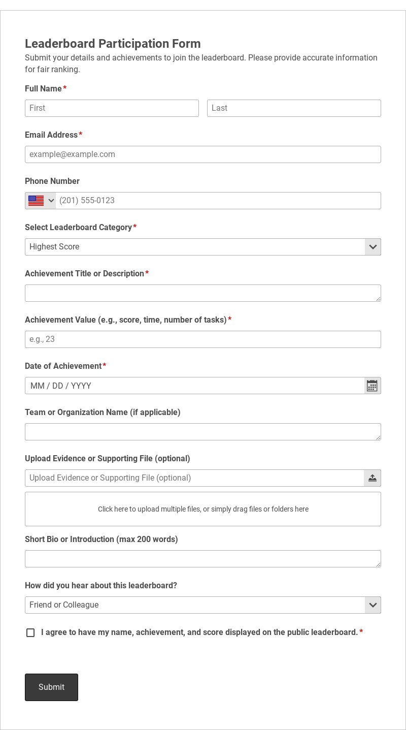 Leaderboard Participation Form Template form template