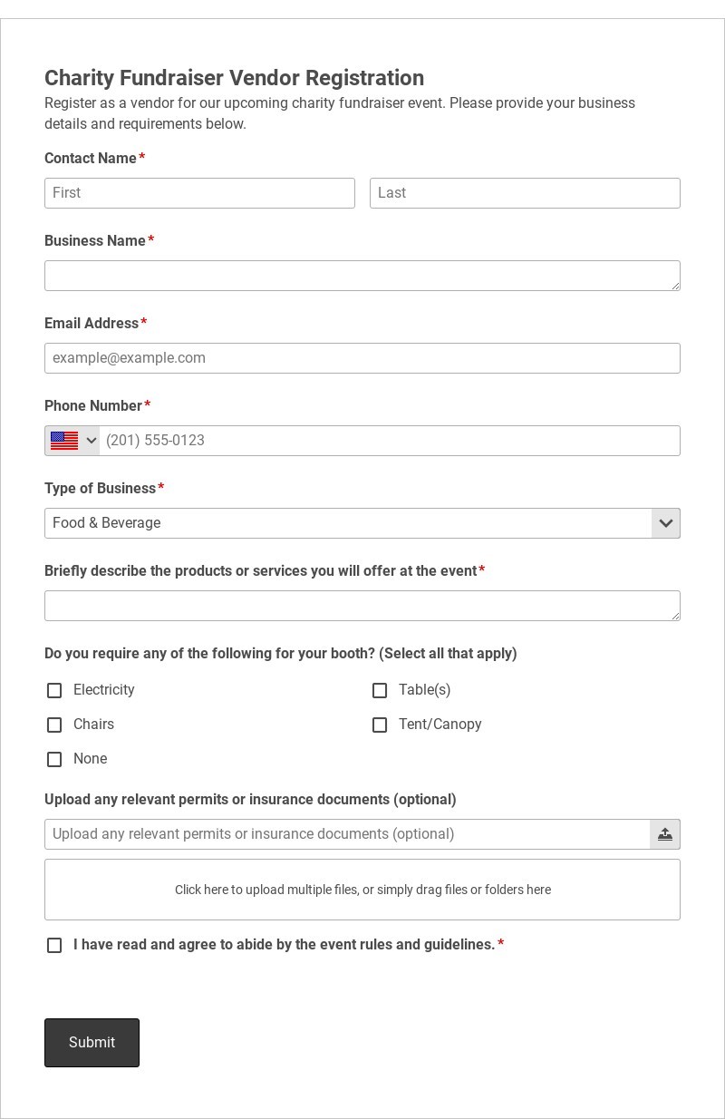 Charity Fundraiser Vendor Registration Template form template