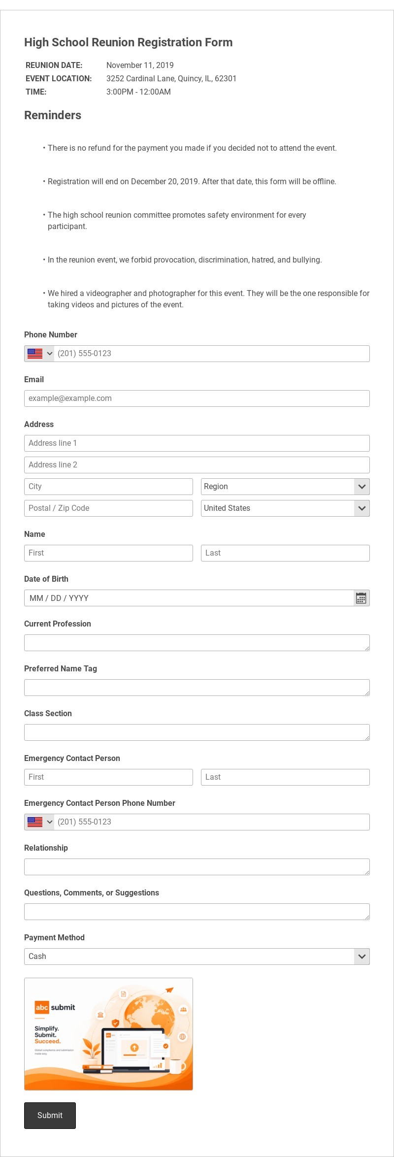 High School Reunion Registration Form Template