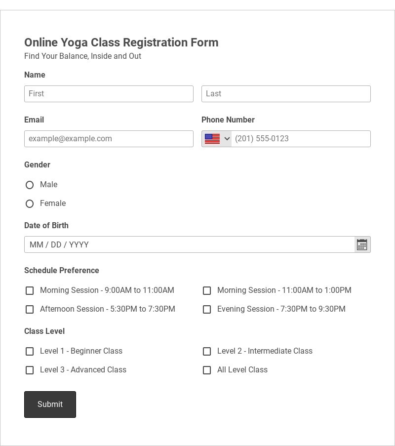 Online Yoga Class Registration Form Template form template