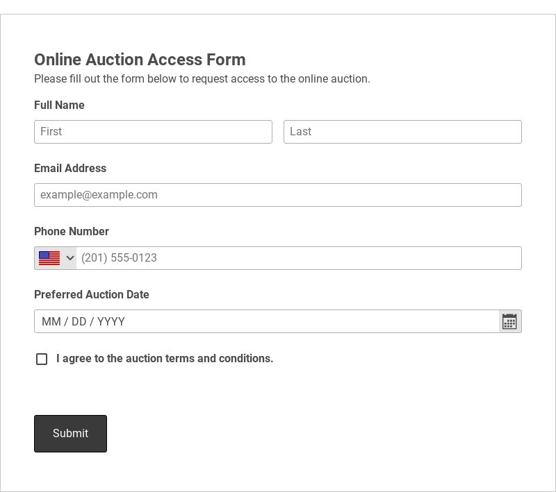 Online Auction Access Form Template form template