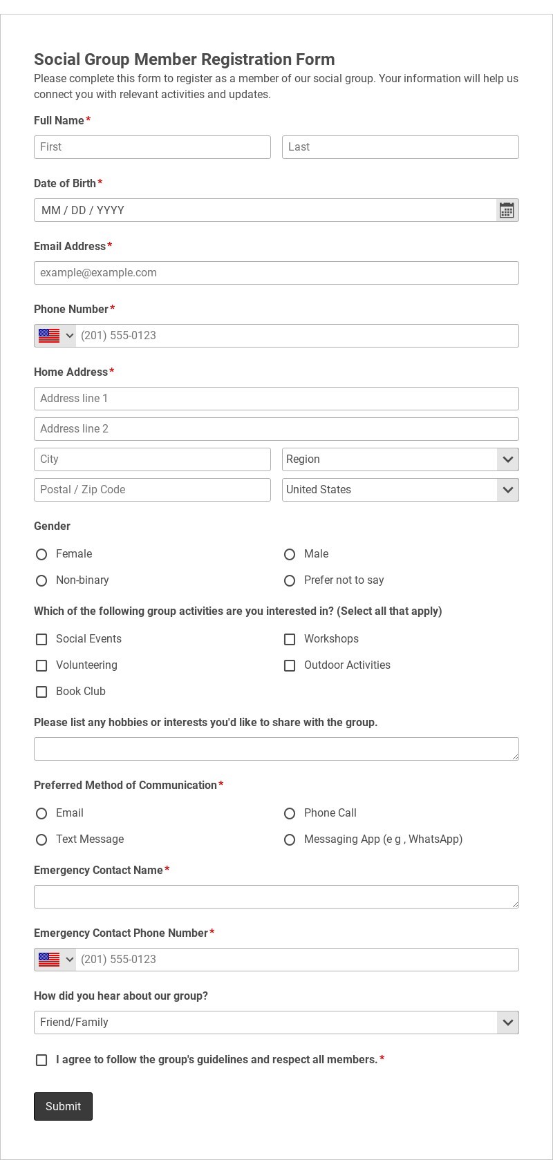 Social Group Member Registration Form Template form template