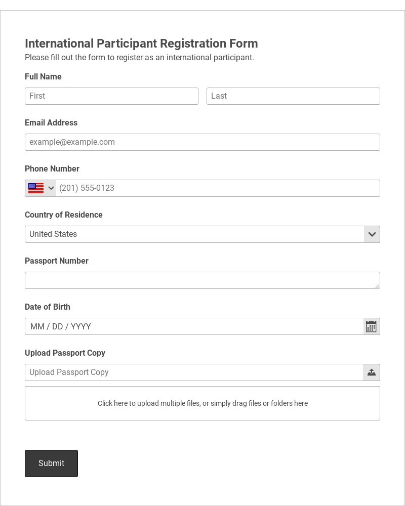 International Participant Registration Form Template form template