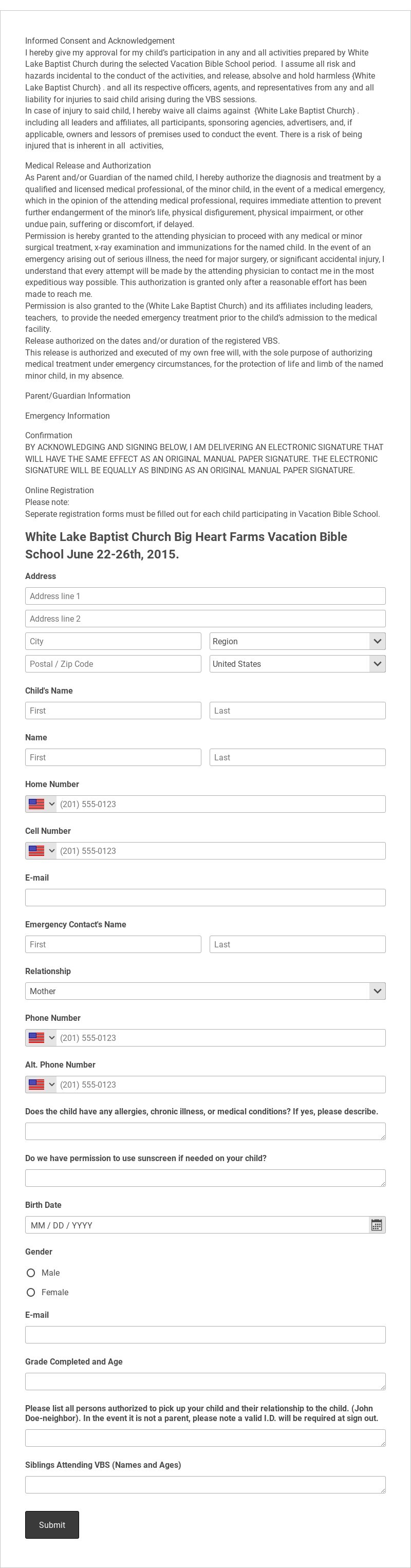 Church Activity Online Registration Form Template