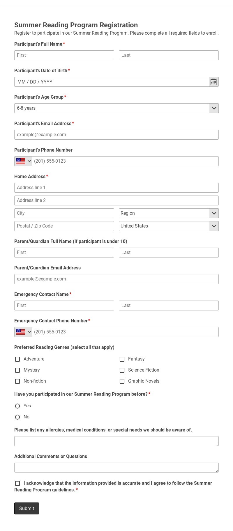 Summer Reading Program Registration Template form template