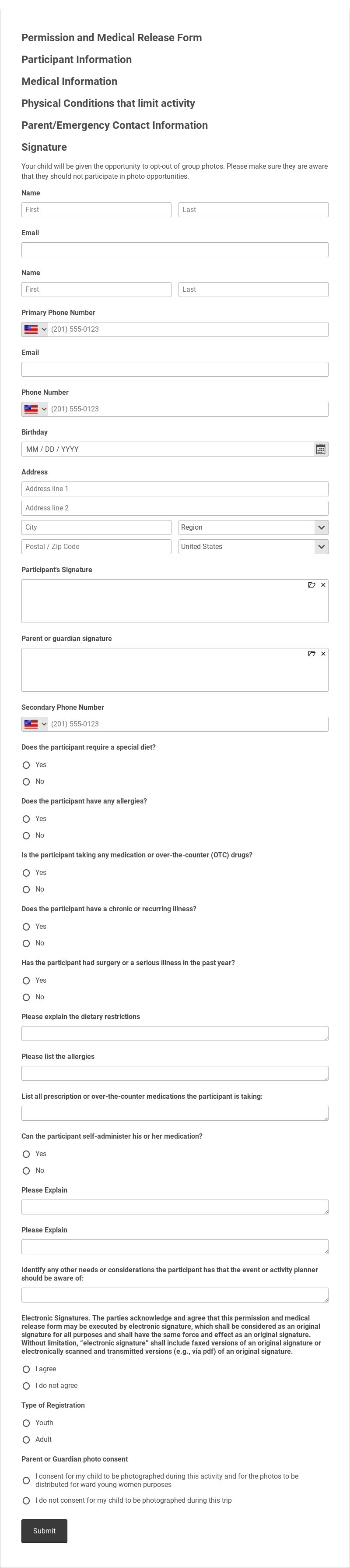 Permission and Medical Release Form Template form template